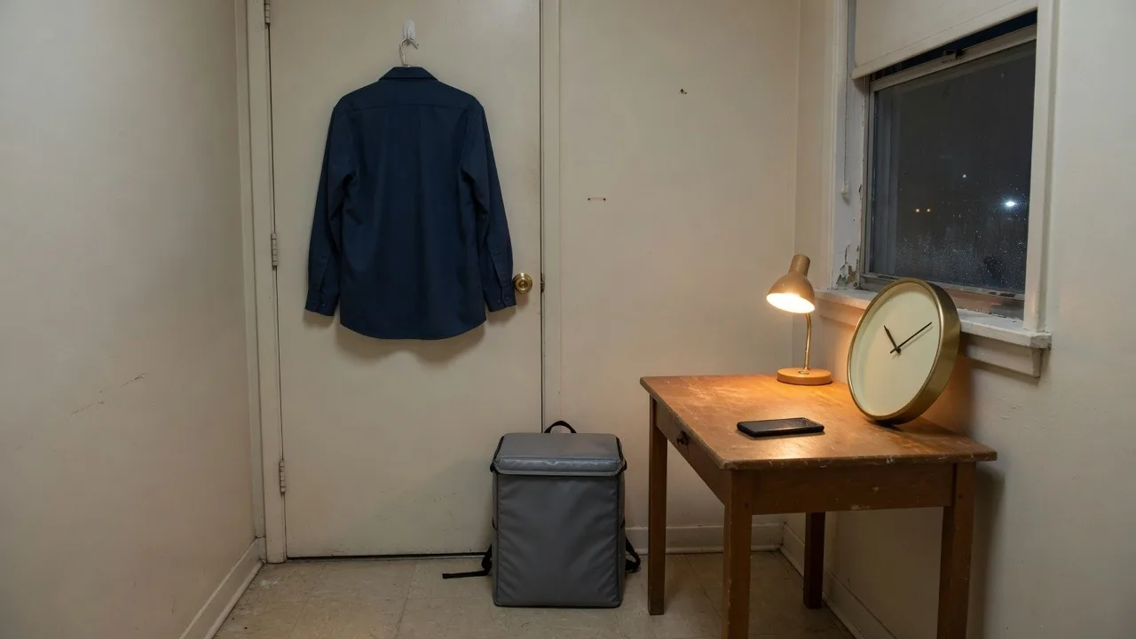 夜の小さな部屋。ドアに掛けた作業シャツ、床の無地の配達用バッグ、机の置き時計と伏せたスマートフォン。