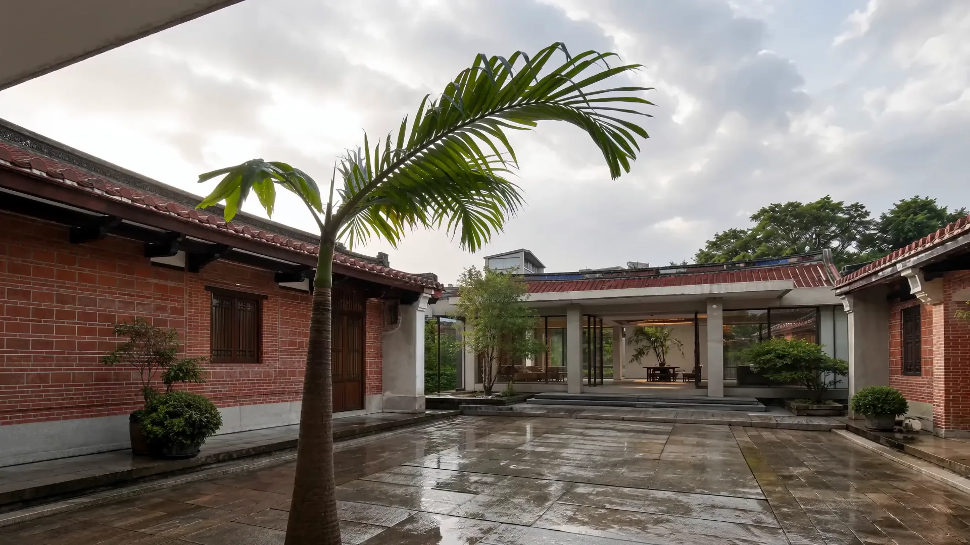 Tradisyonal na sanheyuan ng Taiwan (三合院) at makabagong pabelyon sa liwanag ng araw