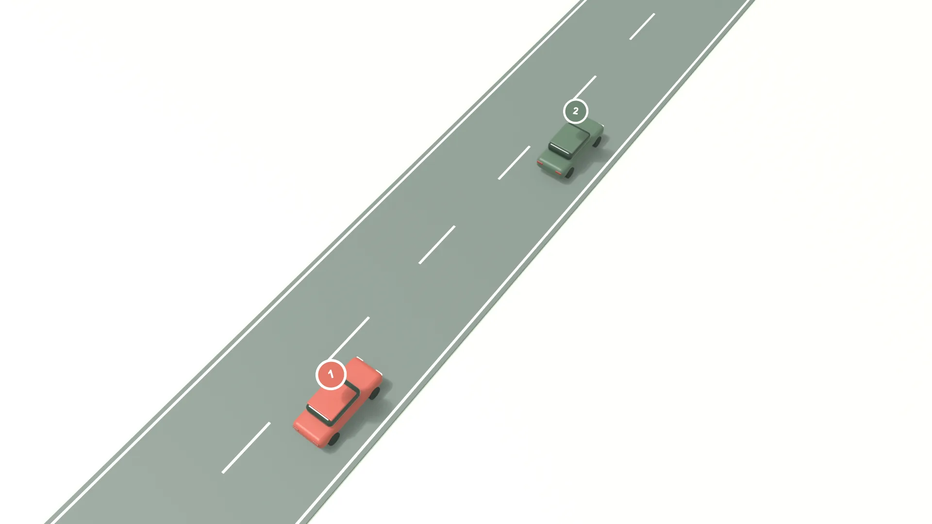 平坦な片側2車線の道路を、れんが色の乗用車1と、その後ろの灰緑色の乗用車2が走っています。2が前照灯を1回点滅させ、1が右ウインカーで進路を譲る合図をすると、2は左ウインカーを出して左側の車線から追い越します。前車との距離を確保した後、右ウインカーを出して元の車線に戻り、最後の静止画では2を先頭に2台が間隔を空けて並んでいます。